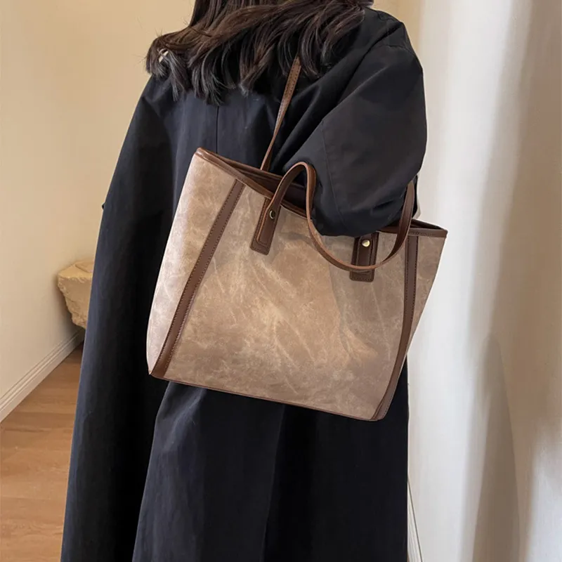 JANE KLAIN Synthetic Leather Tote Bag Shoulder Bag Large Size Women's Khaki/Dark Tea/Blue-4