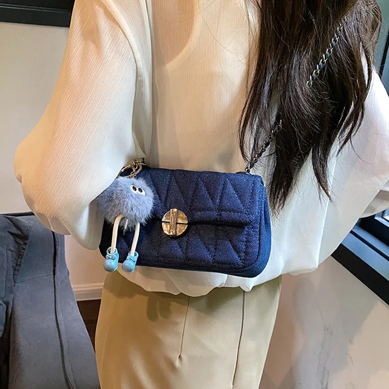 JANE KLAIN Denim Chain Bag Small Square Bag Shoulder Bag Crossbody Bag Small Size Women's Dark Blue/Gray Blue-3