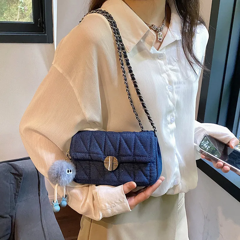 JANE KLAIN Denim Chain Bag Small Square Bag Shoulder Bag Crossbody Bag Small Size Women's Dark Blue/Gray Blue-2