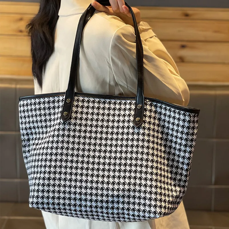 JANE KLAIN Fabric, Synthetic Leather Underarm Shoulder Bag Tote Women's Black Plaid-2