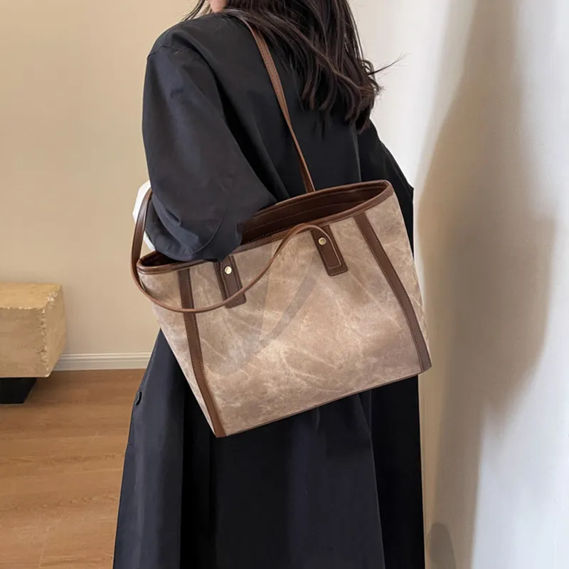 JANE KLAIN Synthetic Leather Tote Bag Shoulder Bag Large Size Women's Khaki/Dark Tea/Blue-3