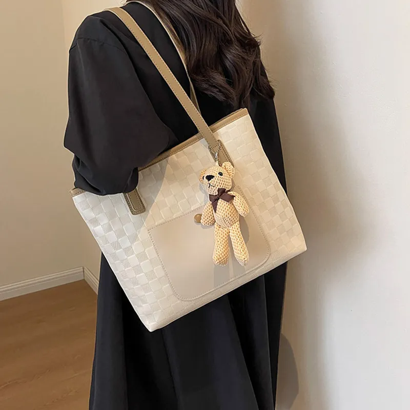 JANE KLAIN Synthetic Leather Tote Bag Shopping Bag Shoulder Bags Large Size Women's Brown/Black/Ecru-16