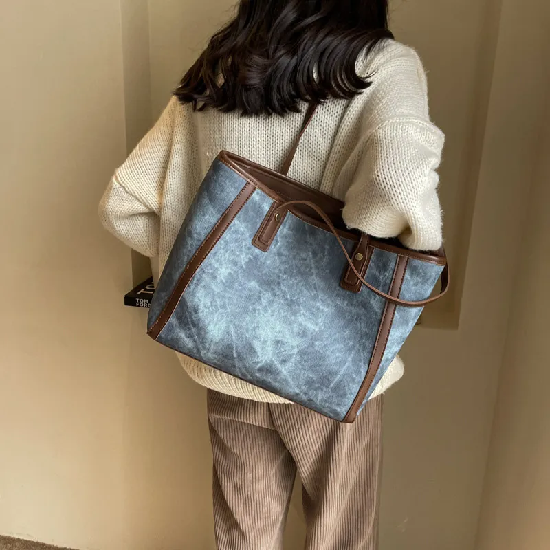 JANE KLAIN Synthetic Leather Tote Bag Shoulder Bag Large Size Women's Khaki/Dark Tea/Blue-8