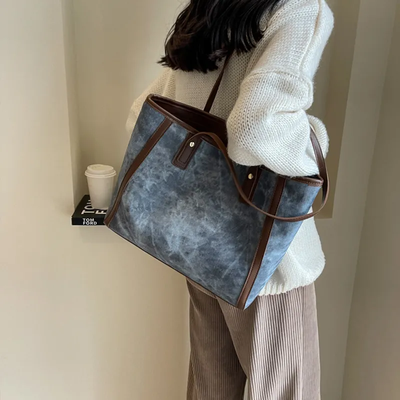 JANE KLAIN Synthetic Leather Tote Bag Shoulder Bag Large Size Women's Khaki/Dark Tea/Blue-10