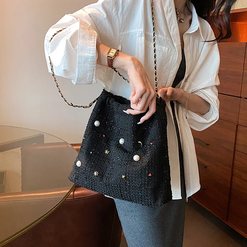 JANE KLAIN Woolen Bucket Bags Shoulder Bags Medium Size Women's Black/White/Blue-3
