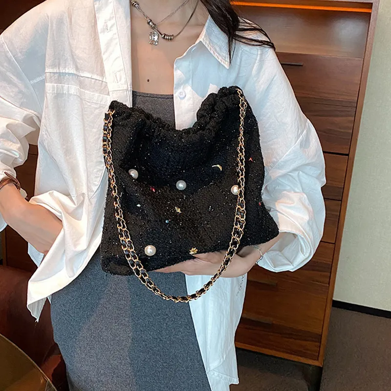 JANE KLAIN Woolen Bucket Bags Shoulder Bags Medium Size Women's Black/White/Blue-1