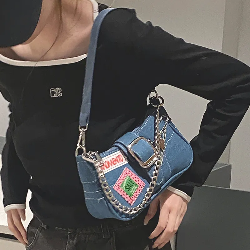 JANE KLAIN Denim Fabric Shoulder Bag Regular Women's Black/Denim Blue-11