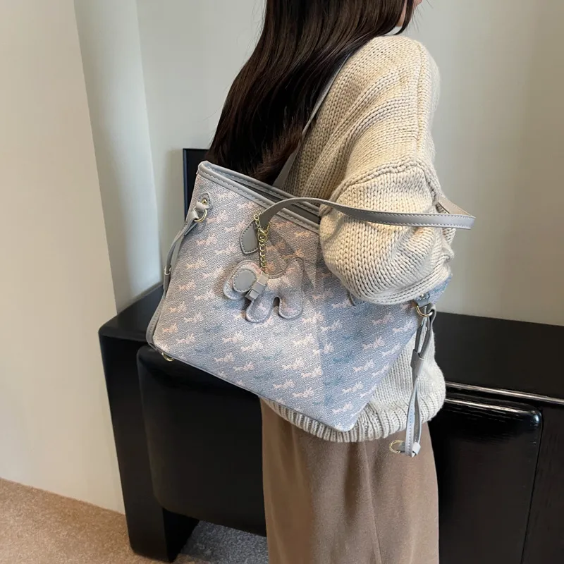 JANE KLAIN Synthetic Leather Tote Bag Shoulder Bag Large Size Women's Gray/Blue/White-9