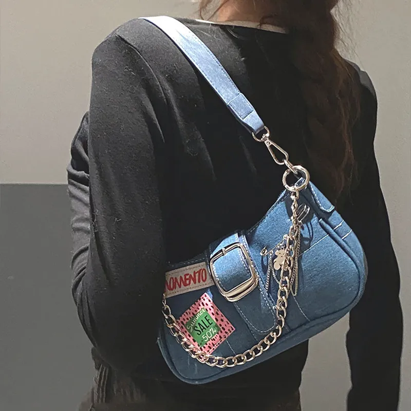 JANE KLAIN Denim Fabric Shoulder Bag Regular Women's Black/Denim Blue-7