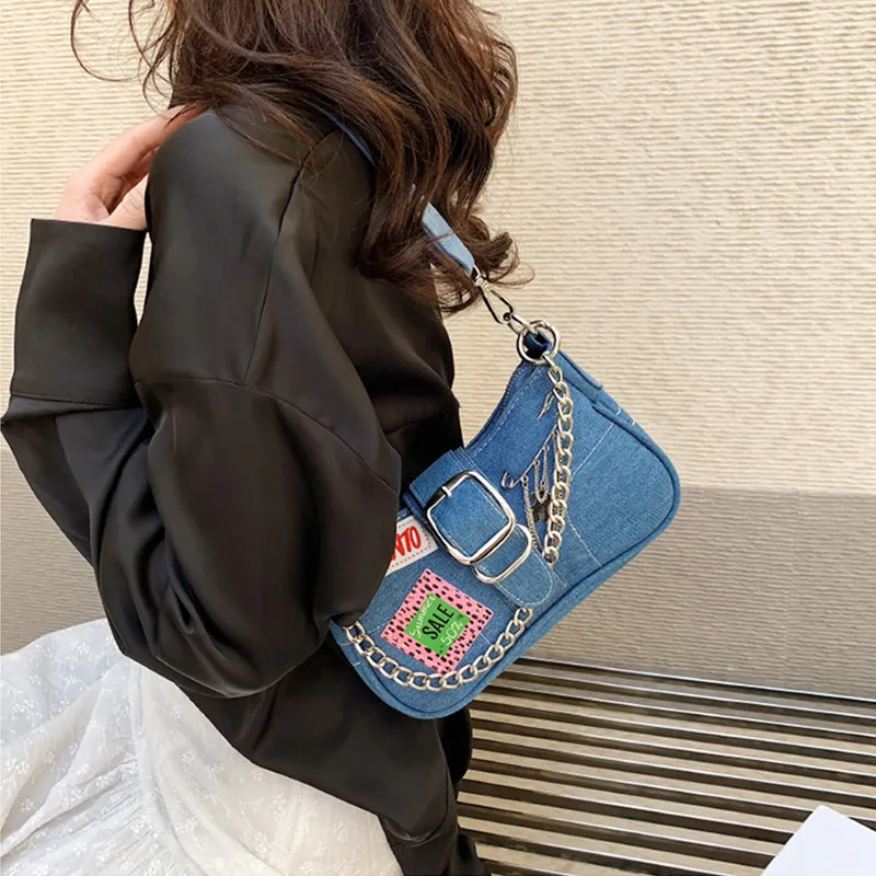 JANE KLAIN Denim Fabric Shoulder Bag Regular Women's Black/Denim Blue-8