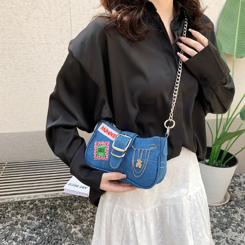 JANE KLAIN Denim Fabric Shoulder Bag Regular Women's Black/Denim Blue-6