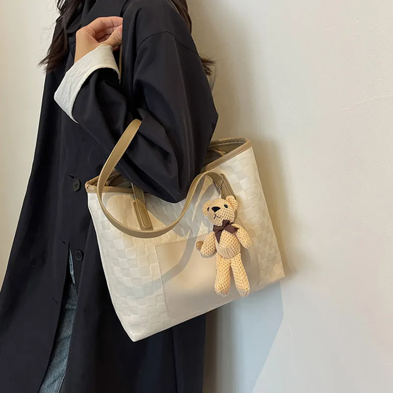 JANE KLAIN Synthetic Leather Tote Bag Shopping Bag Shoulder Bags Large Size Women's Brown/Black/Ecru-13