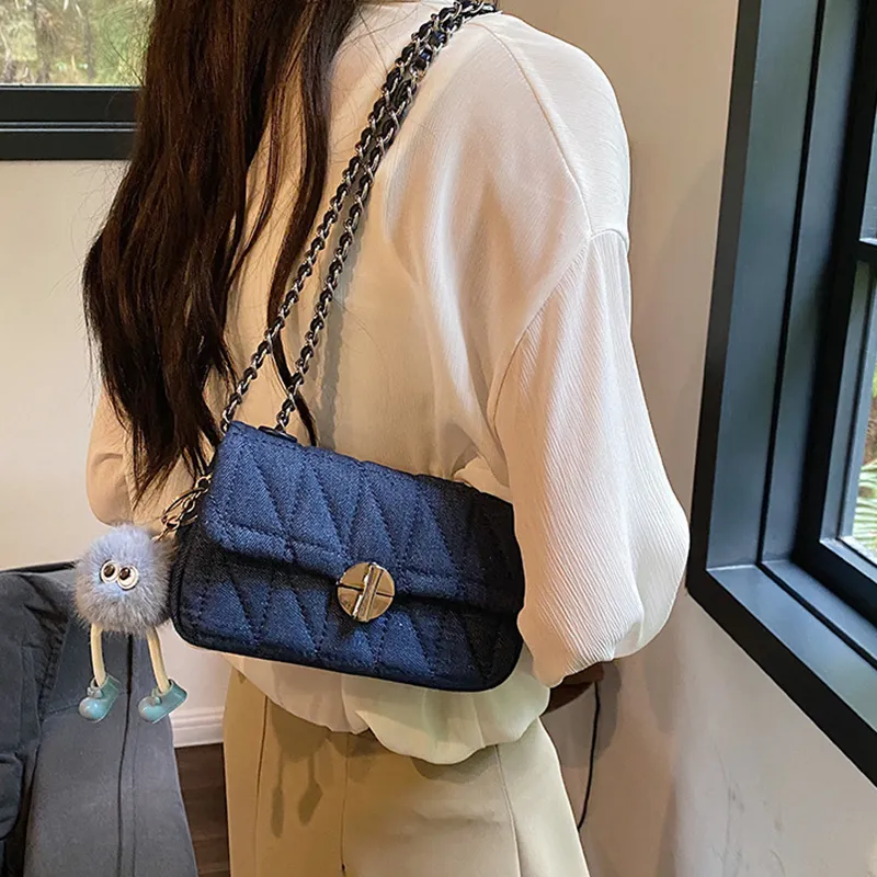 JANE KLAIN Denim Chain Bag Small Square Bag Shoulder Bag Crossbody Bag Small Size Women's Dark Blue/Gray Blue-1