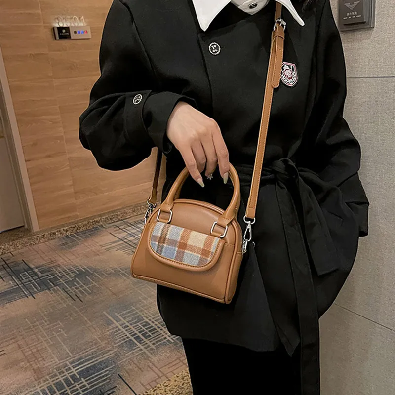 JANE KLAIN Fabric With Synthetic Leather Bowling Bag Shoulder Bag Crossbody Bag Regular Women's Brown/Black-3