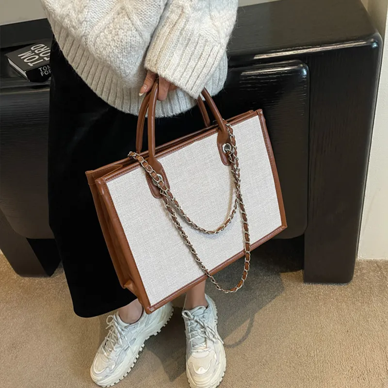 JANE KLAIN Fabric Portable Tote One Shoulder Bag Large Size Women's White & Brown-3