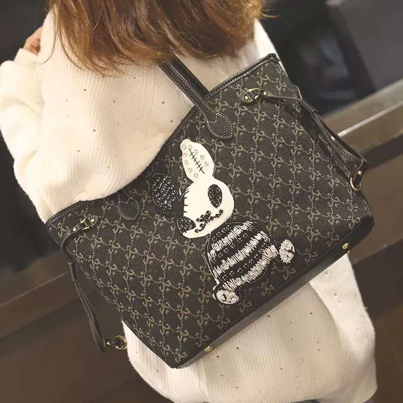 PAYOT Fabric With Synthetic Leather Tote Bag Shoulder Bag Women's Black-8