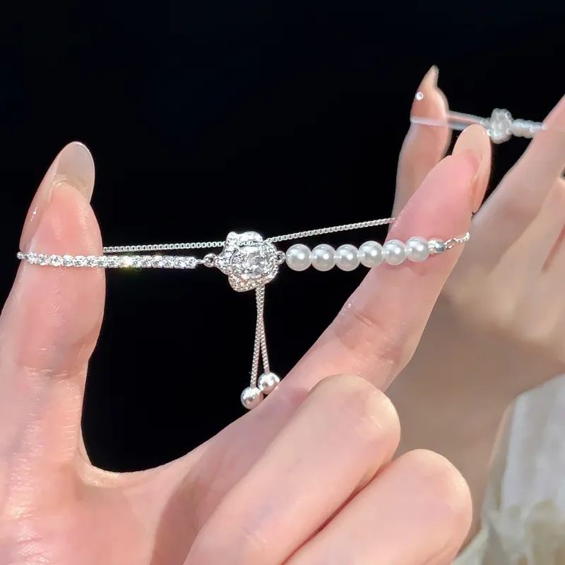 MAGICPOLE 925 Sterling Silver Zircon Faux Pearl Glass Bracelets Women's Silver-2