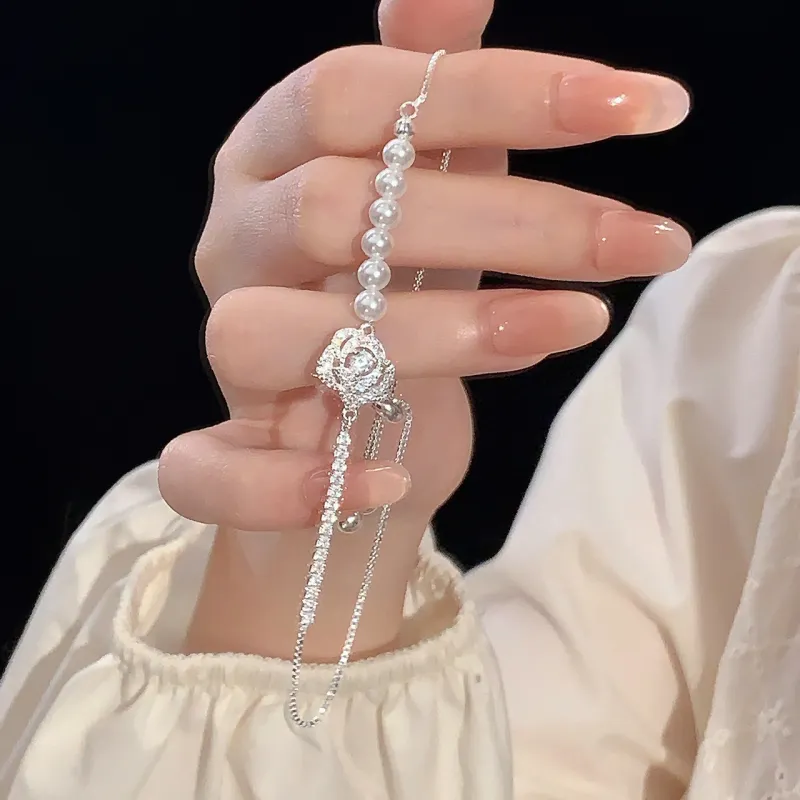 MAGICPOLE 925 Sterling Silver Zircon Faux Pearl Glass Bracelets Women's Silver-4