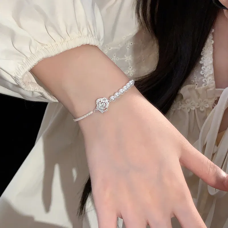 MAGICPOLE 925 Sterling Silver Zircon Faux Pearl Glass Bracelets Women's Silver-5
