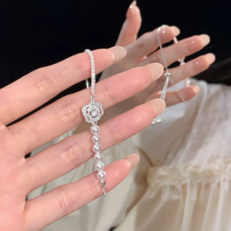 MAGICPOLE 925 Sterling Silver Zircon Faux Pearl Glass Bracelets Women's Silver-6