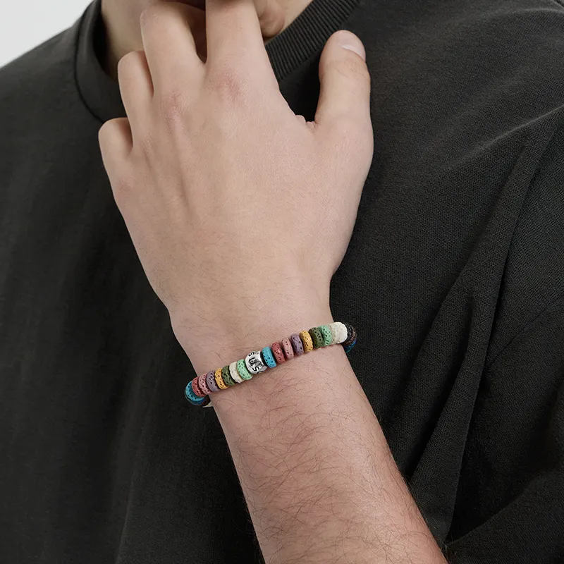 SUSOOK 925 Sterling Silver Volcanic Stone Beaded Bracelet Unisex Five Color Dopamine Dressing Color Scheme-2
