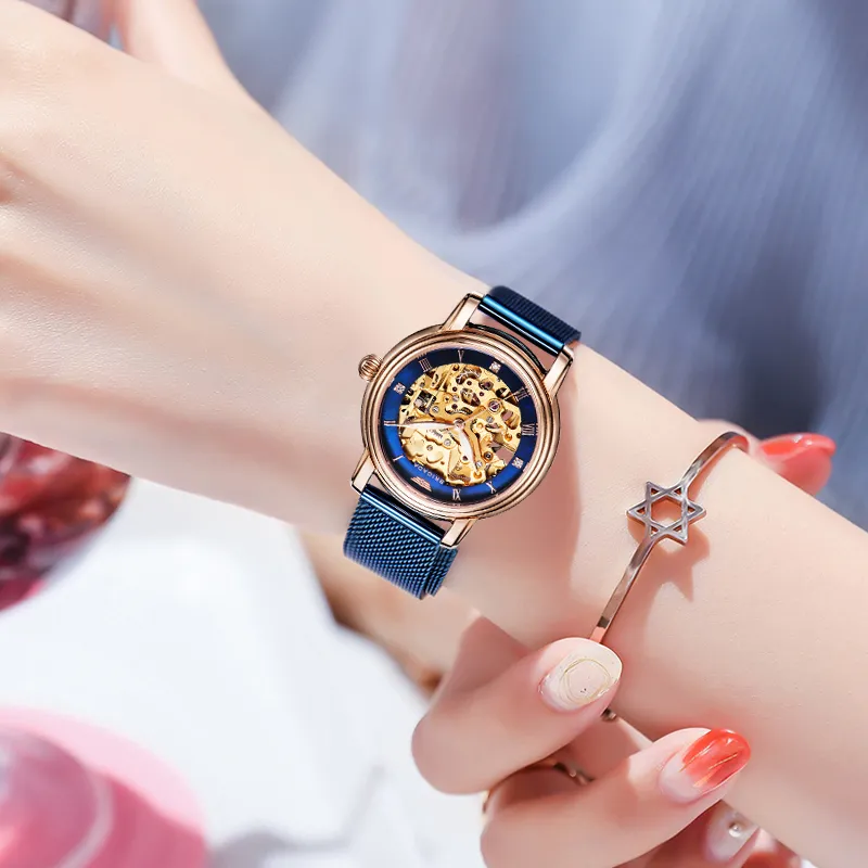 BRIGADA Enchanted Cut Out Collection Mechanical Movement Stainless Steel Watchband Watch Women's Watch Blue Dial-2