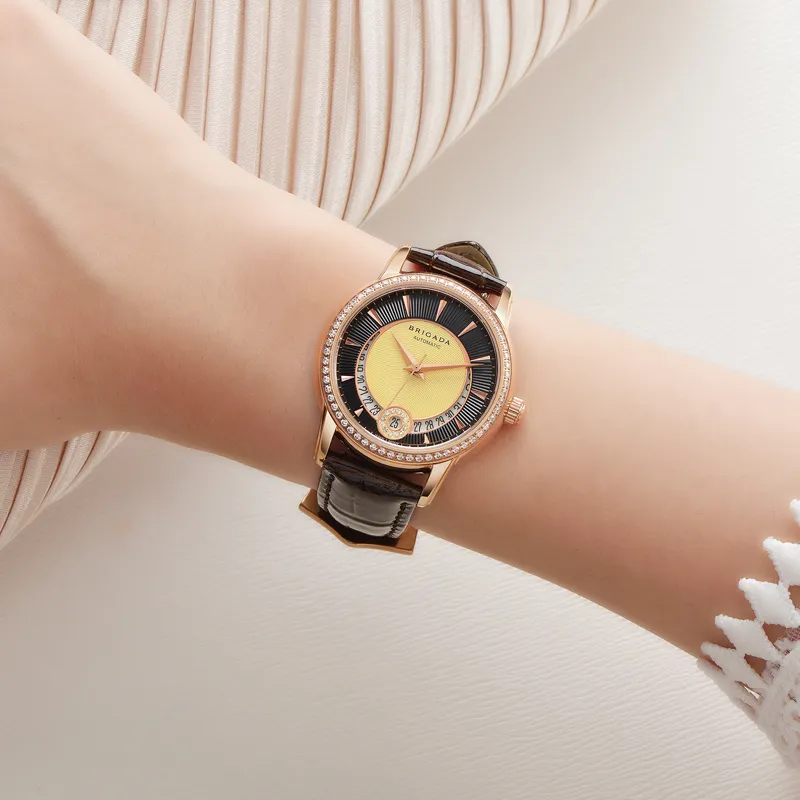 BRIGADA Mechanical Movement Genuine Leather Strap Watch Women's Watch Black Dial-1