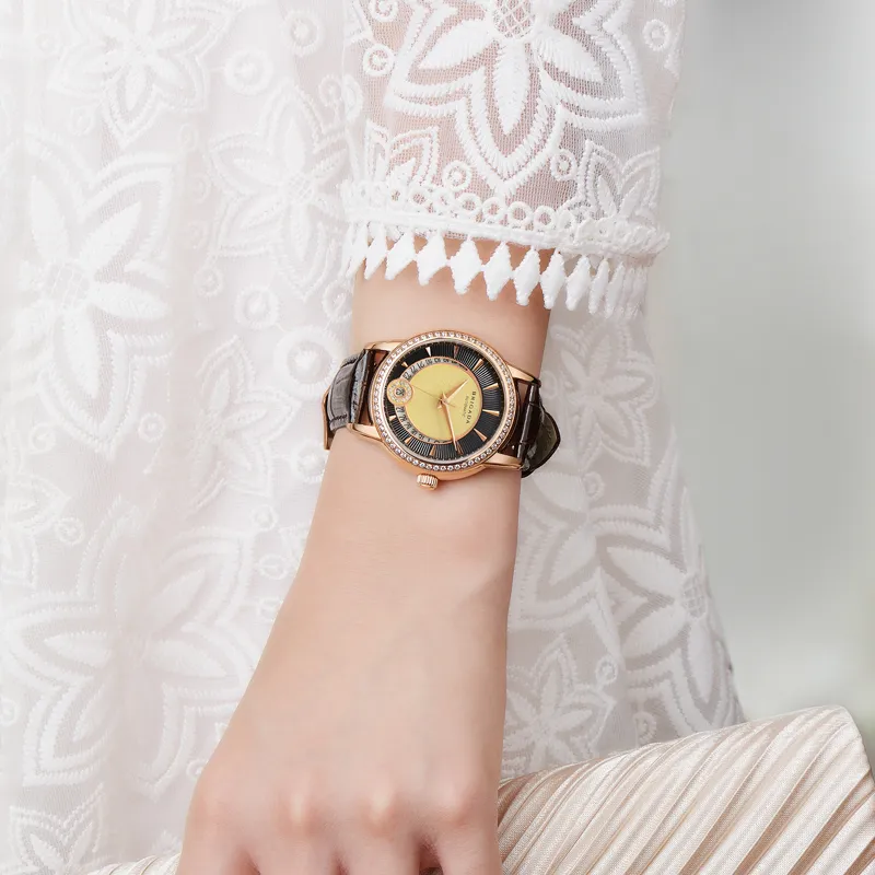 BRIGADA Mechanical Movement Genuine Leather Strap Watch Women's Watch Black Dial-2
