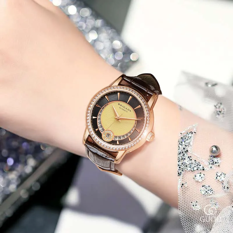 BRIGADA Mechanical Movement Genuine Leather Strap Watch Women's Watch Black Dial-3