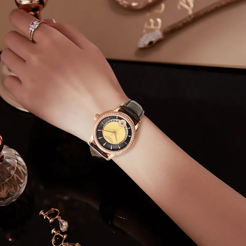 BRIGADA Mechanical Movement Genuine Leather Strap Watch Women's Watch Black Dial-4