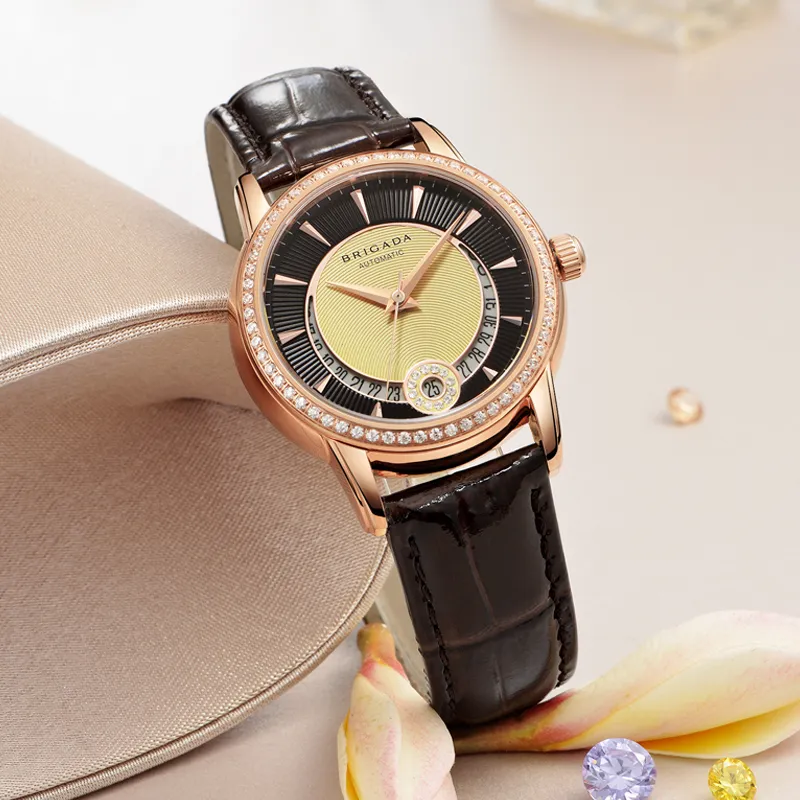 BRIGADA Mechanical Movement Genuine Leather Strap Watch Women's Watch Black Dial-5