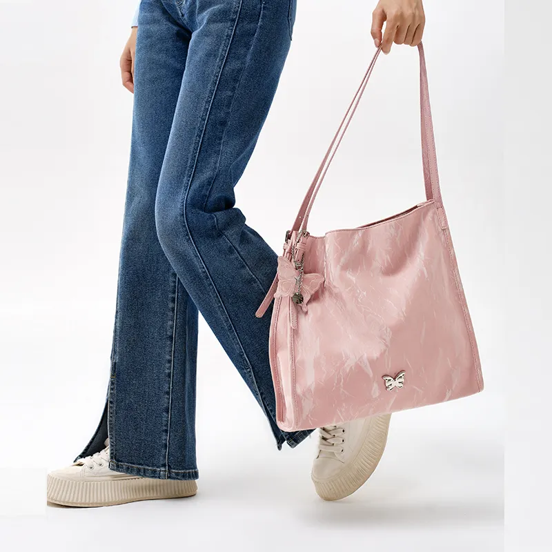 SEM/R Synthetic Leather Tote Bag Shopping Bag Shoulder Bags Medium Size Women's Milky White / Fantasy Pink / Black-8