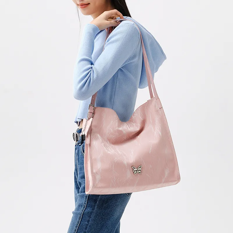 SEM/R Synthetic Leather Tote Bag Shopping Bag Shoulder Bags Medium Size Women's Milky White / Fantasy Pink / Black-7