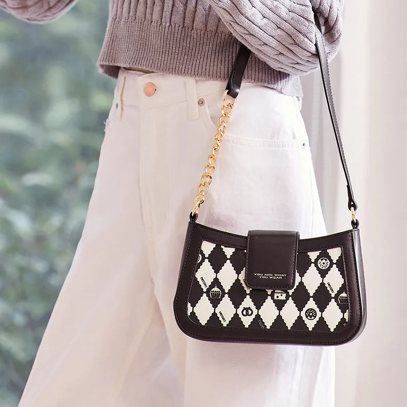 SEM/R PU Shoulder Bag Small Size Women's Black/Ecru/Pink-14