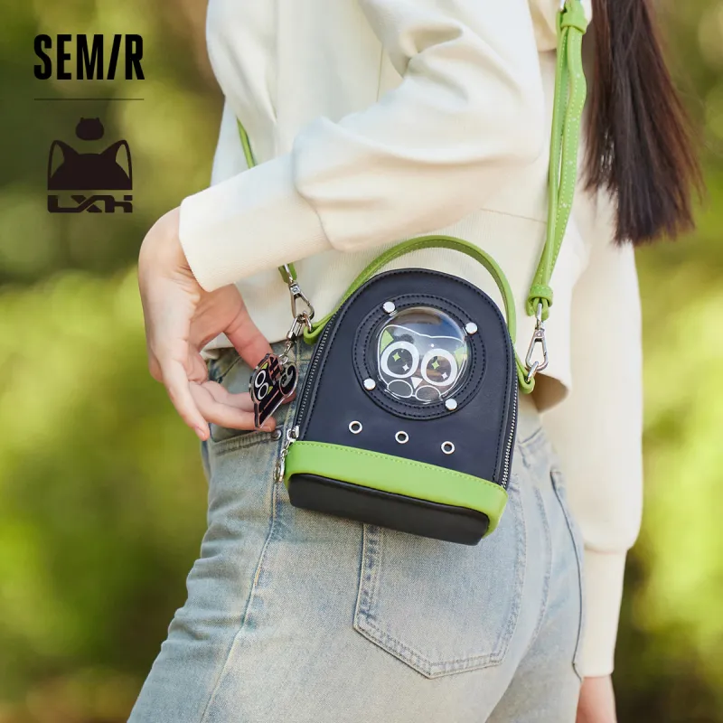 SEM/R Luo Xiaohei Collaboration Synthetic Leather Handbag Crossbody Bag Small Size Women's Black/creamy/medium-yellow-12