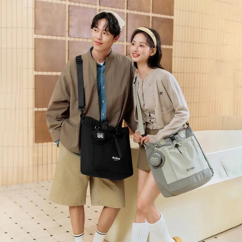 SEM/R Fabric Tote Bag, Shoulder Bag Medium Size Unisex Milk White/Medium Green/Black-8