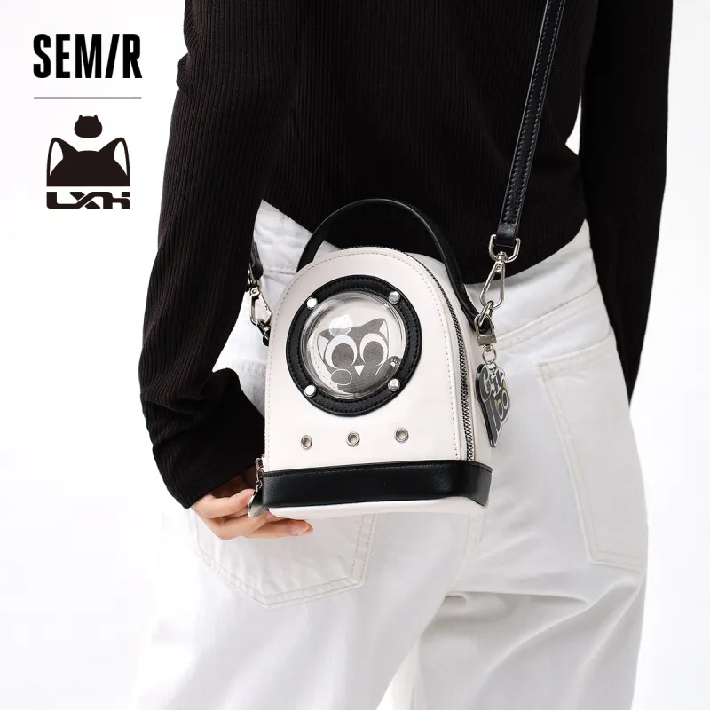 SEM/R Luo Xiaohei Collaboration Synthetic Leather Handbag Crossbody Bag Small Size Women's Black/creamy/medium-yellow-2