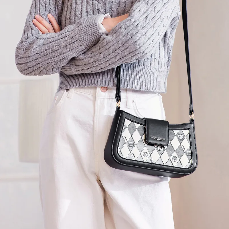 SEM/R PU Shoulder Bag Small Size Women's Black/Ecru/Pink-13