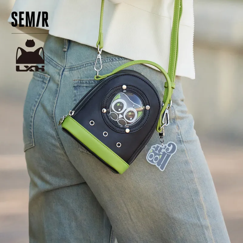 SEM/R Luo Xiaohei Collaboration Synthetic Leather Handbag Crossbody Bag Small Size Women's Black/creamy/medium-yellow-14