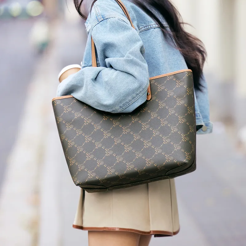 SEM/R Synthetic Leather Tote Bag Shoulder Bag Large Size Women's Coffee/Ecru-10