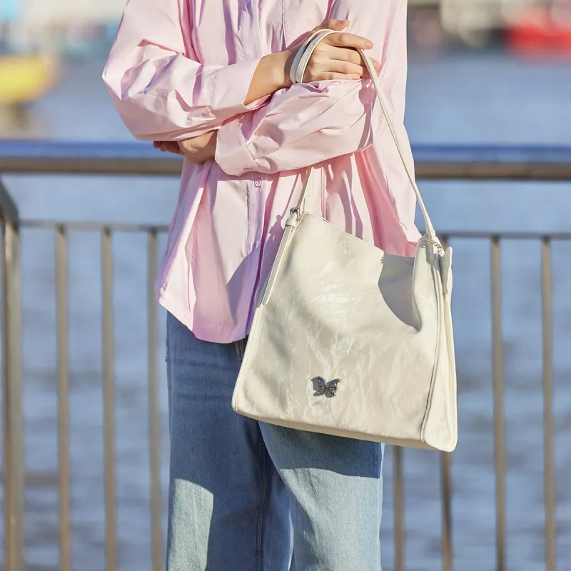 SEM/R Synthetic Leather Tote Bag Shopping Bag Shoulder Bags Medium Size Women's Milky White / Fantasy Pink / Black-3