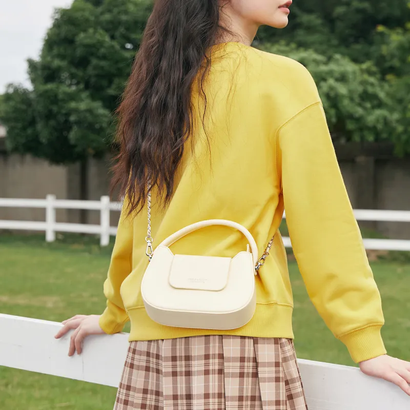 SEM/R Synthetic Leather Small Square Bag Chain Crossbody Bag Handbag Small Size Women's Ecru/Custard/Ice Blue-8