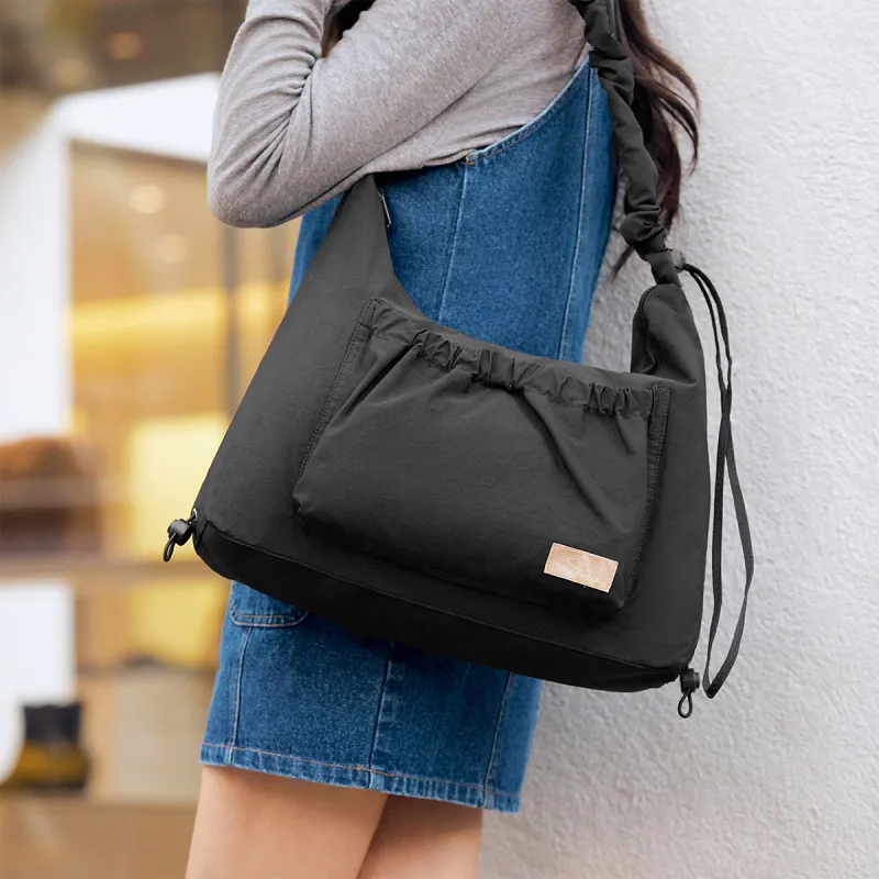 SEM/R Fabric Pleated Drawstring Crossbody Bag Relaxed Handbag Shoulder Bag Large Size Women's Ecru/Black-7