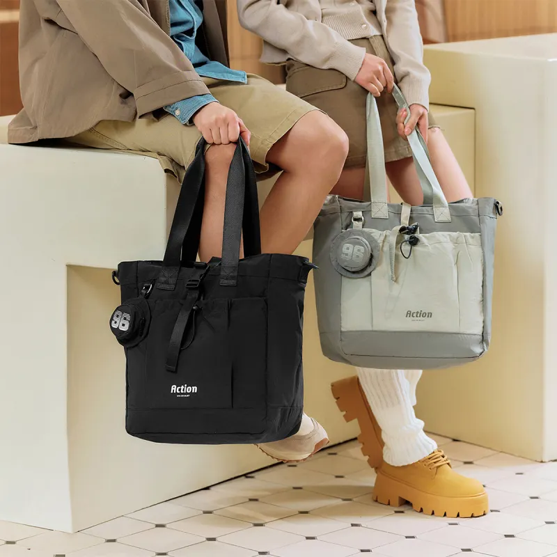 SEM/R Fabric Tote Bag, Shoulder Bag Medium Size Unisex Milk White/Medium Green/Black-5