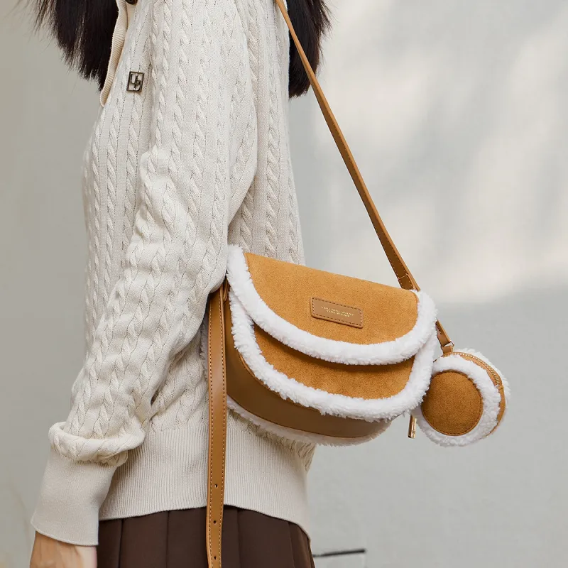 SEM/R Synthetic Leather Patchwork Fabric Saddle Bag Shoulder Bag Crossbody Bag Women's Caramel Brown Spelled Black-2
