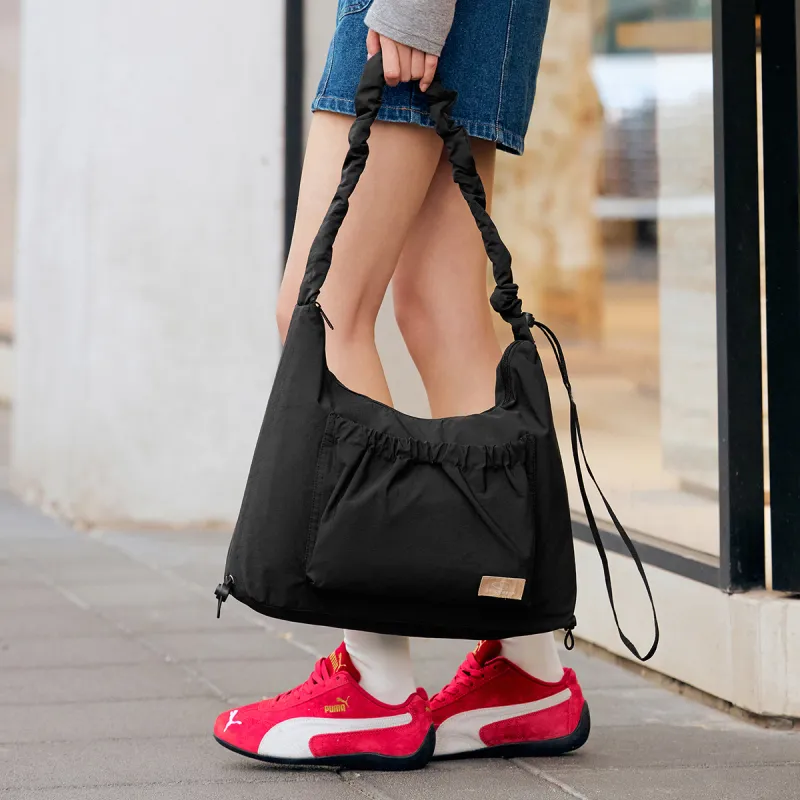 SEM/R Fabric Pleated Drawstring Crossbody Bag Relaxed Handbag Shoulder Bag Large Size Women's Ecru/Black-8