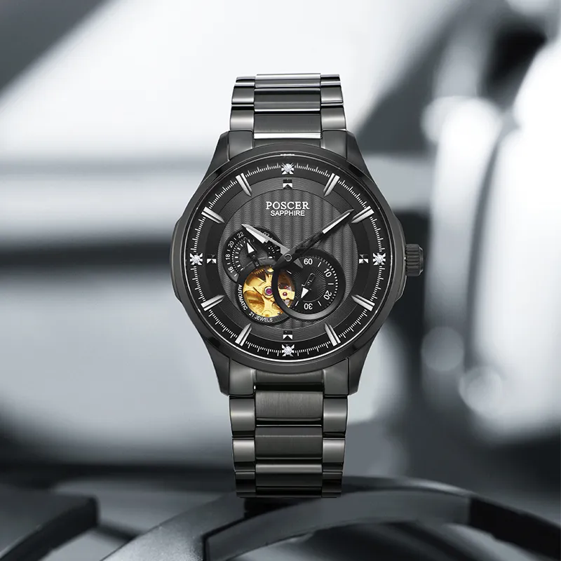 POSCER Mechanical Movement Men's Watches Black Dial-5