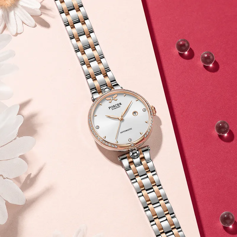 POSCER Romantic Lover's Knot Small Round Watch Mechanical Movement Watch Women's Watch Silver Dial-7