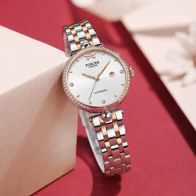 POSCER Romantic Lover's Knot Small Round Watch Mechanical Movement Watch Women's Watch Silver Dial-5