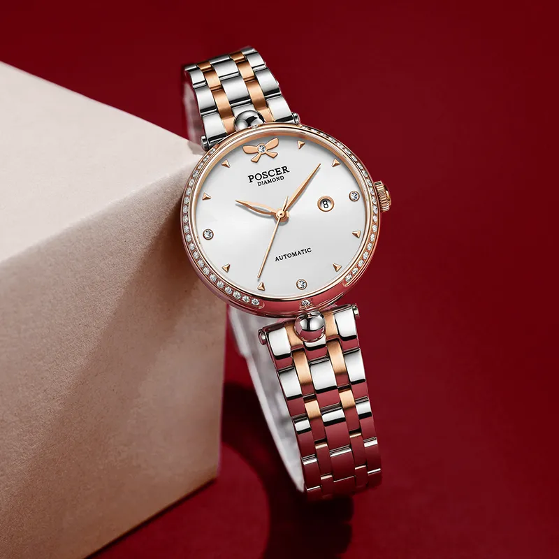 POSCER Romantic Lover's Knot Small Round Watch Mechanical Movement Watch Women's Watch Silver Dial-4